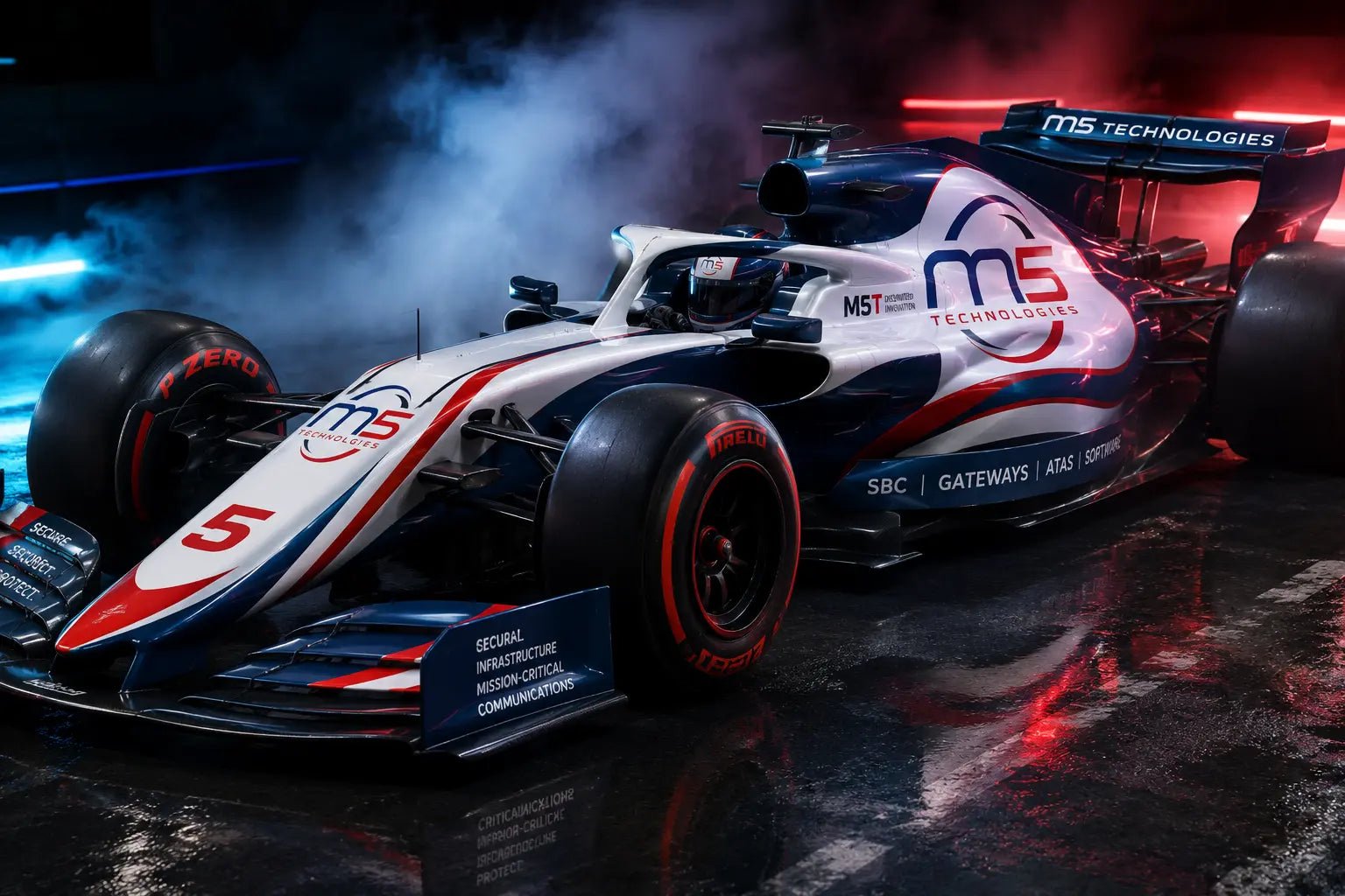 M5 Technologies Formula racing car representing speed, precision and critical communications engineering